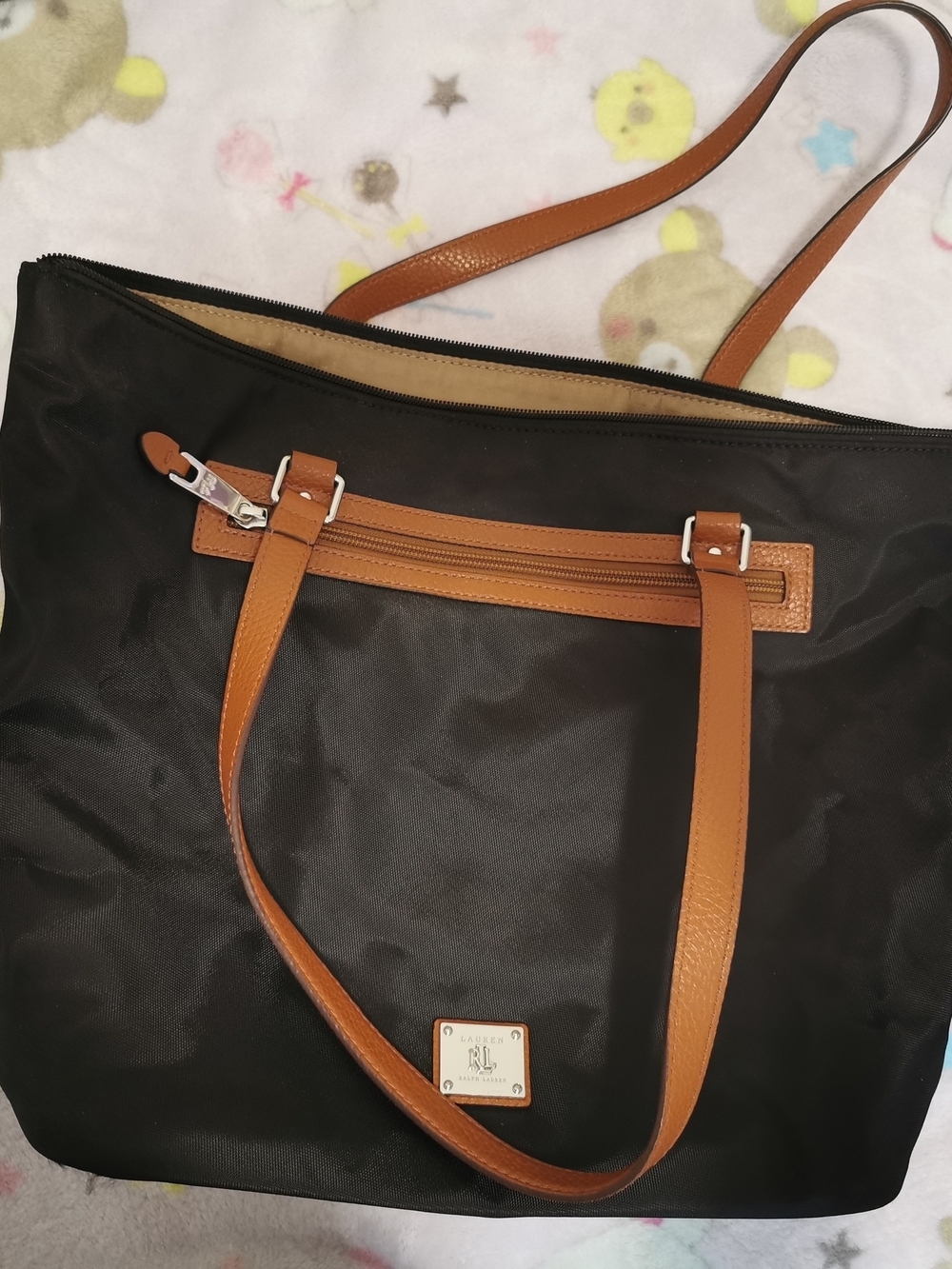Ralph Lauren Black and Tan Nylon Tote Bag with Leather Trim